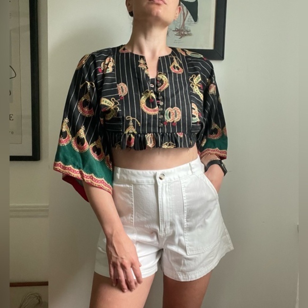 Vintage Y2K Cropped Festival Top with Bell Sleeves, Size S